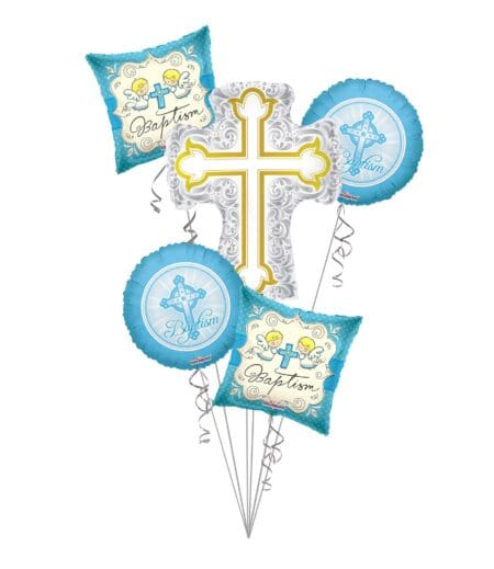 Baby Boy Christening, Baptism Silver & Gold Cross Balloon Bouquet, Baptism Balloon Bouquet (5 Balloons) – Viva Party