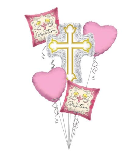 Baptism Balloon Bouquet, Baptism Silver & Gold Cross Balloon Bouquet, Baby Girl Christening (5 Balloons) – Viva Party