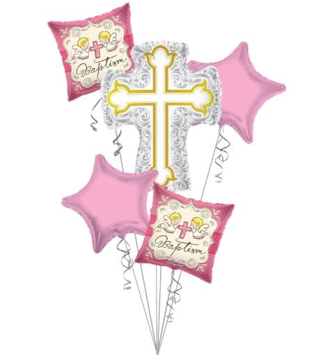 Baptism Balloon Bouquet, Baptism Silver & Gold Cross Balloon Bouquet, Baby Girl Christening (5 Balloons) – Viva Party