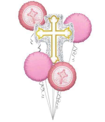 Baptism Balloon Bouquet, Baptism Silver & Gold Cross Balloon Bouquet, Baby Girl Christening (5 Balloons) – Viva Party