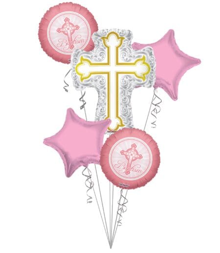 Baptism Balloon Bouquet, Baptism Silver & Gold Cross Balloon Bouquet, Baby Girl Christening (5 Balloons) – Viva Party
