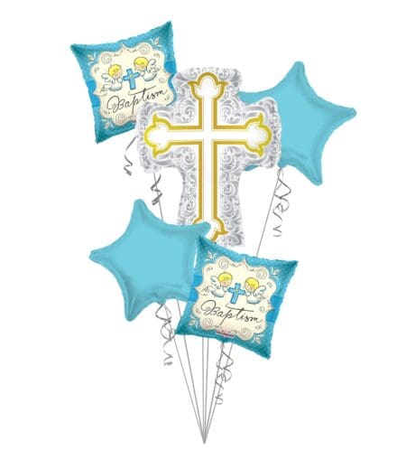 Baptism Balloon Bouquet, Baptism Silver & Gold Cross Balloon Bouquet, Baby Boy Christening (5 Balloons) – Viva Party