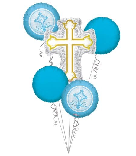 Baptism Balloon Bouquet, Baptism Silver & Gold Cross Balloon Bouquet, Baby Boy Christening (5 Balloons) – Viva Party