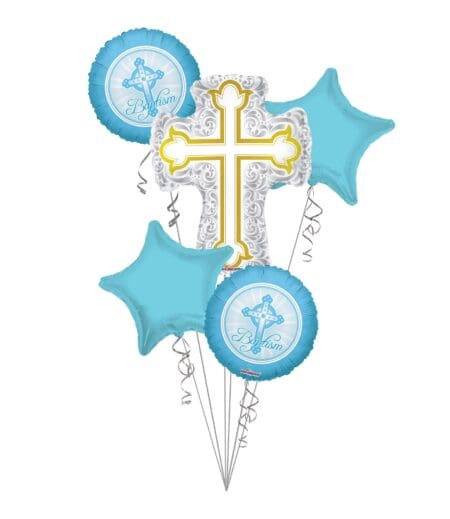 Baptism Balloon Bouquet, Baptism Silver & Gold Cross Balloon Bouquet, Baby Boy Christening (5 Balloons) – Viva Party