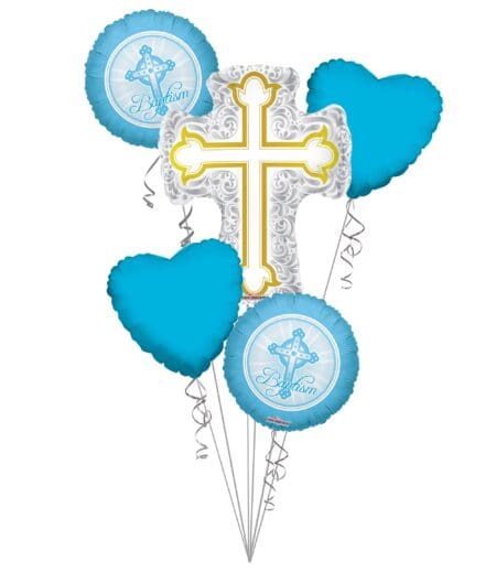 Baptism Balloon Bouquet, Baptism Silver & Gold Cross Balloon Bouquet, Baby Boy Christening (5 Balloons) – Viva Party