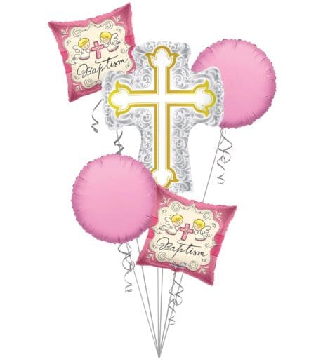 Baptism Balloon Bouquet, Baptism Silver & Gold Cross Balloon Bouquet, Baby Girl Christening (5 Balloons) – Viva Party