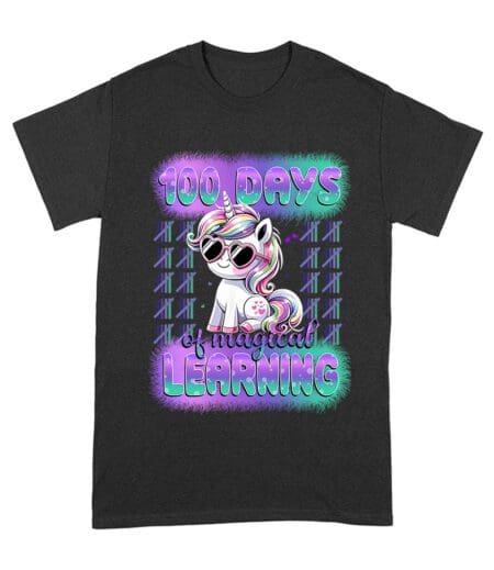 100 Days of Magical Learning Unicorn T-Shirt, Cute 100th Day of School Shirt, Fun Fantasy School Celebration Outfit for Kids and Teachers Unisex Adult – Viva Party