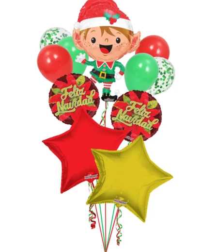 Elf Feliz Navidad, Merry Christmas Balloon Bouquet 11 Balloons