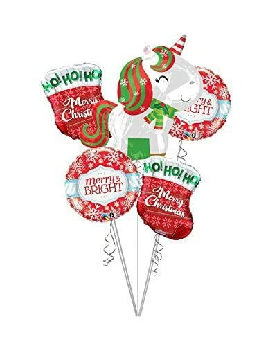 Merry and Bright Ho Ho Ho Merry Christmas Unicorn Balloon Bouquet (5 Balloons)